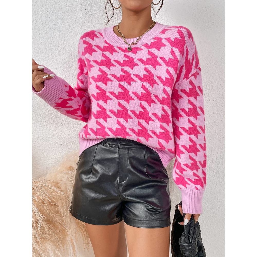 Houndstooth Pattern Drop Shoulder Sweater hot pink preppy y2k - Picture 6 of 6